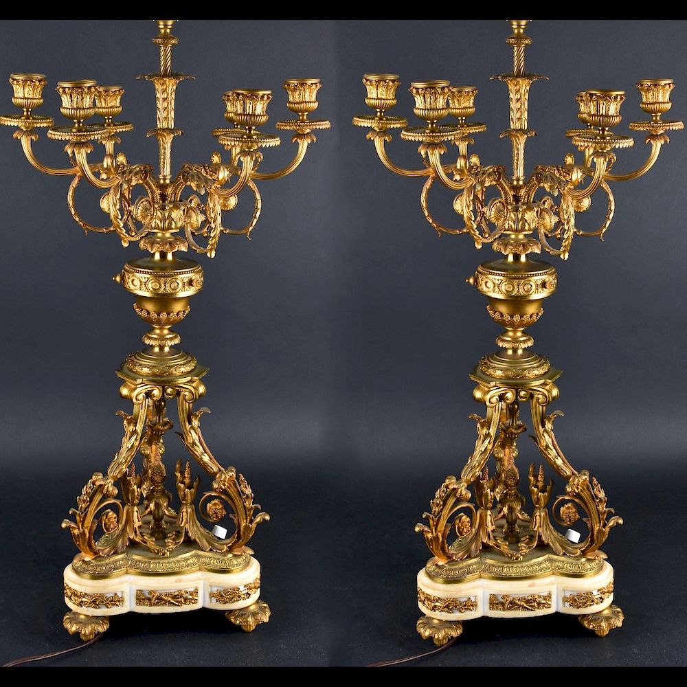 Appraisal: Pair Gilt Bronze And Marble Candelabra Lamps Pair Gilt Bronze