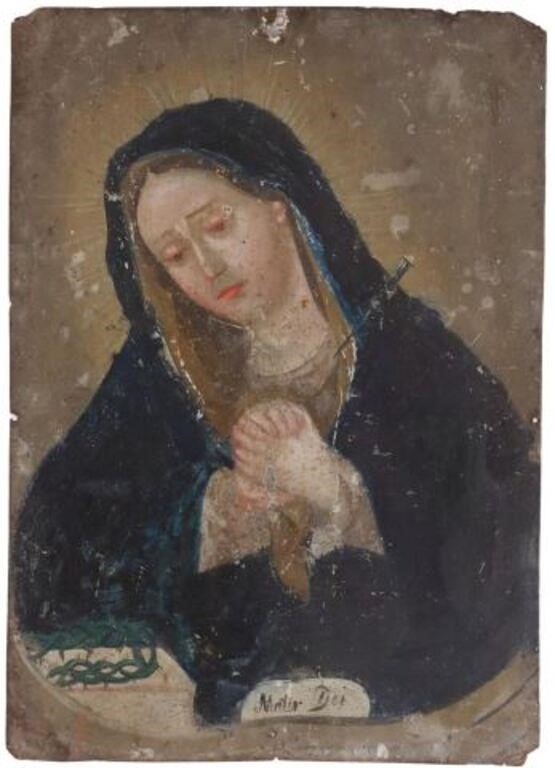 Appraisal: Unframed oil on tin retablo Nuestra Senora de los Dolores