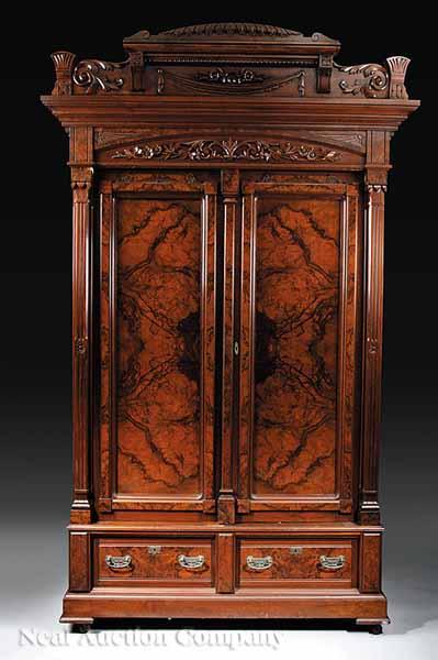 Appraisal: An American Eastlake Carved and Burl Walnut Armoire c stepped