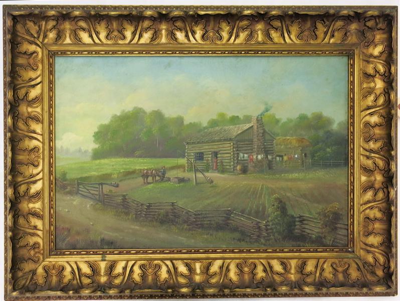 Appraisal: OREGON HOMESTEAD OIL ON BOARD early th century log cabin