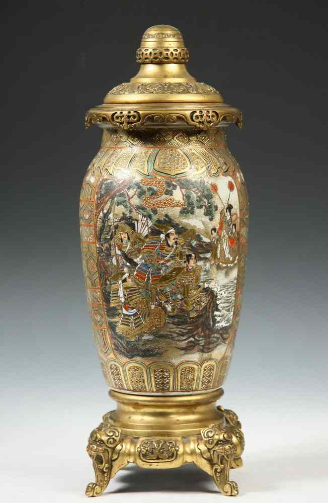 Appraisal: CENSOR VASE - Japanese Satsuma fire gilt bronze mounted covered