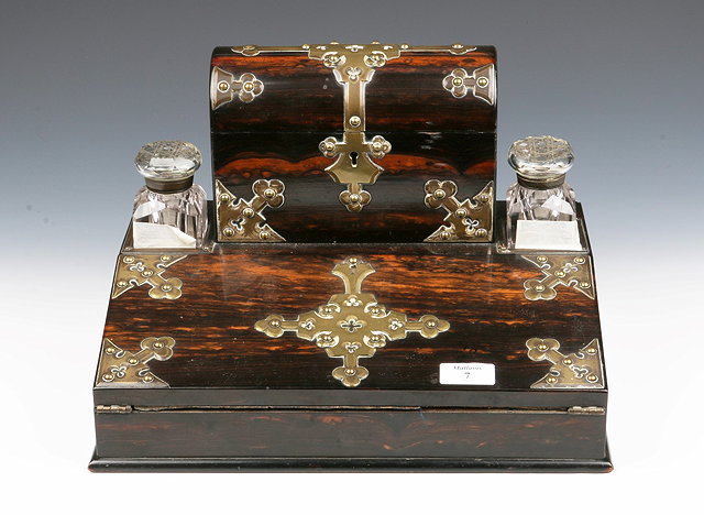 Appraisal: A VICTORIAN COROMANDEL WOOD CORRESPONDENCE DESK with brass strap work