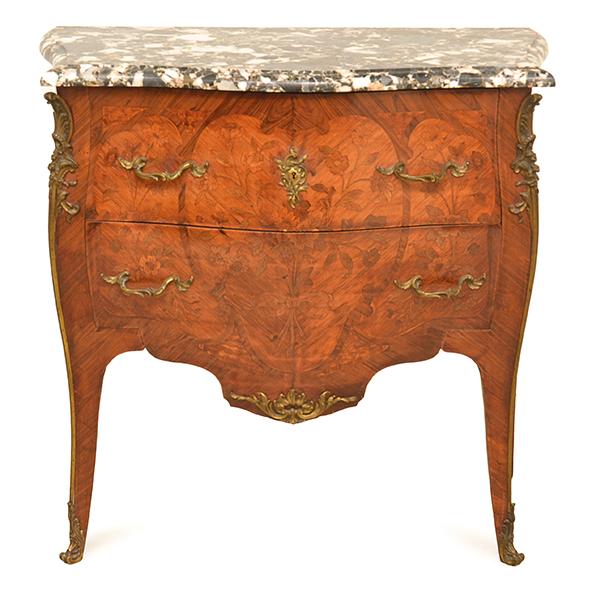 Appraisal: A LOUIS XV STYLE MARQUETRY INLAID COMMODE The bombe body