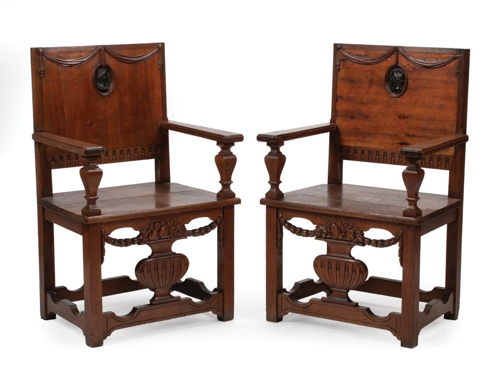 Appraisal: Pair of Edwardian Mahogany Hall Chairs early th c square