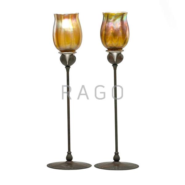 Appraisal: TIFFANY STUDIOS Pair of candlesticks Condition Report Some wear and