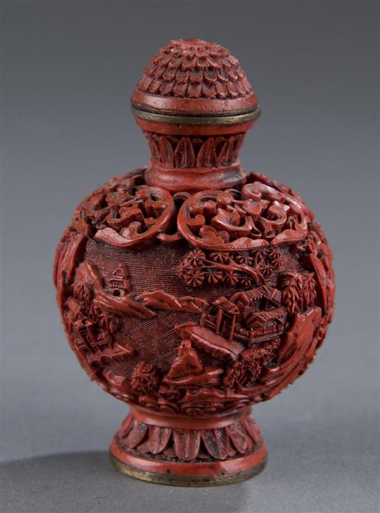 Appraisal: Chinese cinnabar snuff bottle Late th early th century Footed