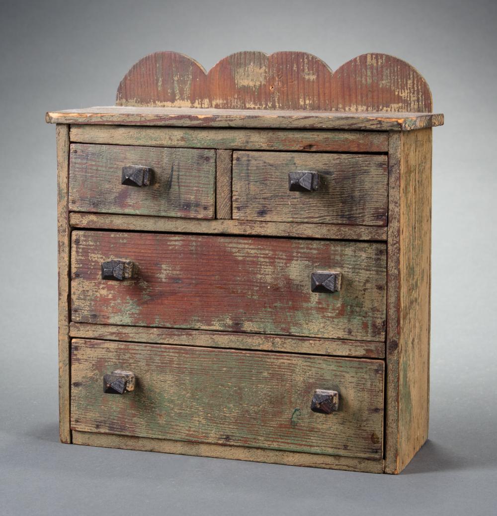 Appraisal: Miniature Painted Pine Spice Chest shaped backsplash two short drawers