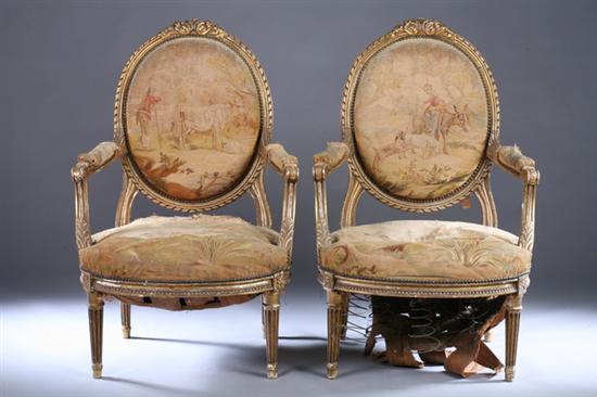 Appraisal: PAIR LOUIS XVI STYLE GILT-WOOD FAUTEUILS Late th century with