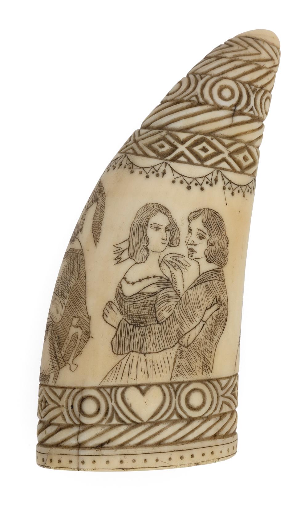 Appraisal: CARVED SCRIMSHAW WHALE'S TOOTH WITH FIGURAL PORTRAITS MID- TH CENTURY