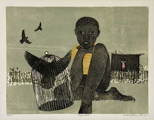 Appraisal: WALTER WILLIAMS - Caged Bird Color woodcut on thin cream