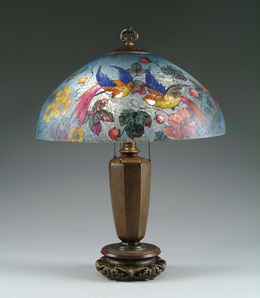 Appraisal: HANDEL EXOTIC BIRD LAMP Spectacular Handel reverse painted shade has