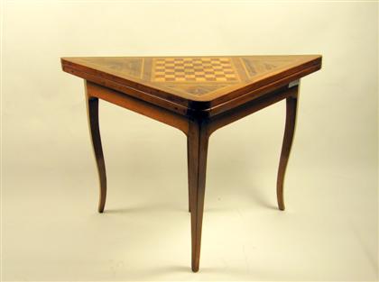 Appraisal: Continental inlaid walnut games table The hinged triangular top with