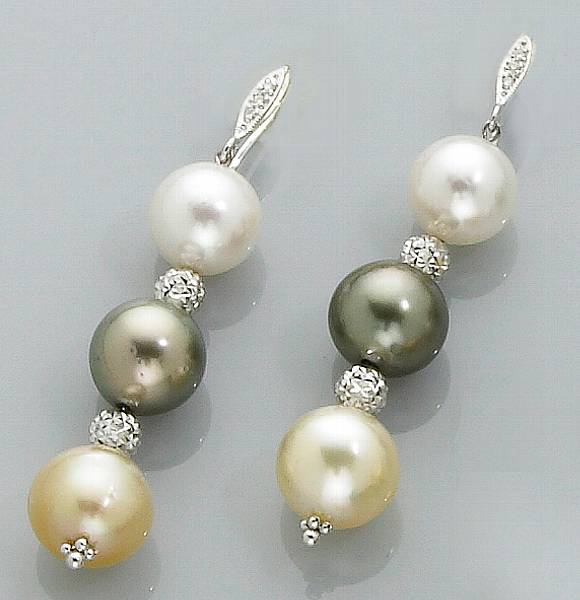 Appraisal: Natural Color Cultured Pearl and Diamond Earrings Tahiti Each consisting