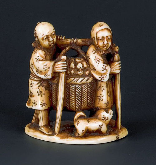 Appraisal: Japanese carved ivory Tow figures netsuke th c attributed to