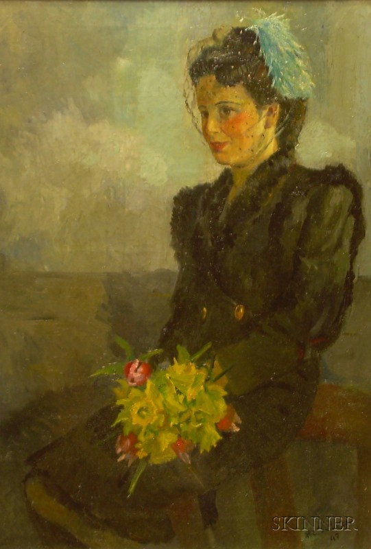 Appraisal: Framed Oil on Canvas Portrait of a Woman with Bouquet