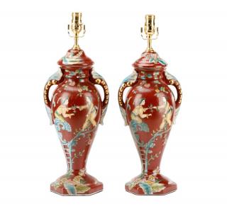 Appraisal: Pair Hand Painted Chinoiserie Urn Table Lamps th century A