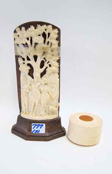 Appraisal: TWO ASIAN IVORY CARVINGS figural group standing with tree in