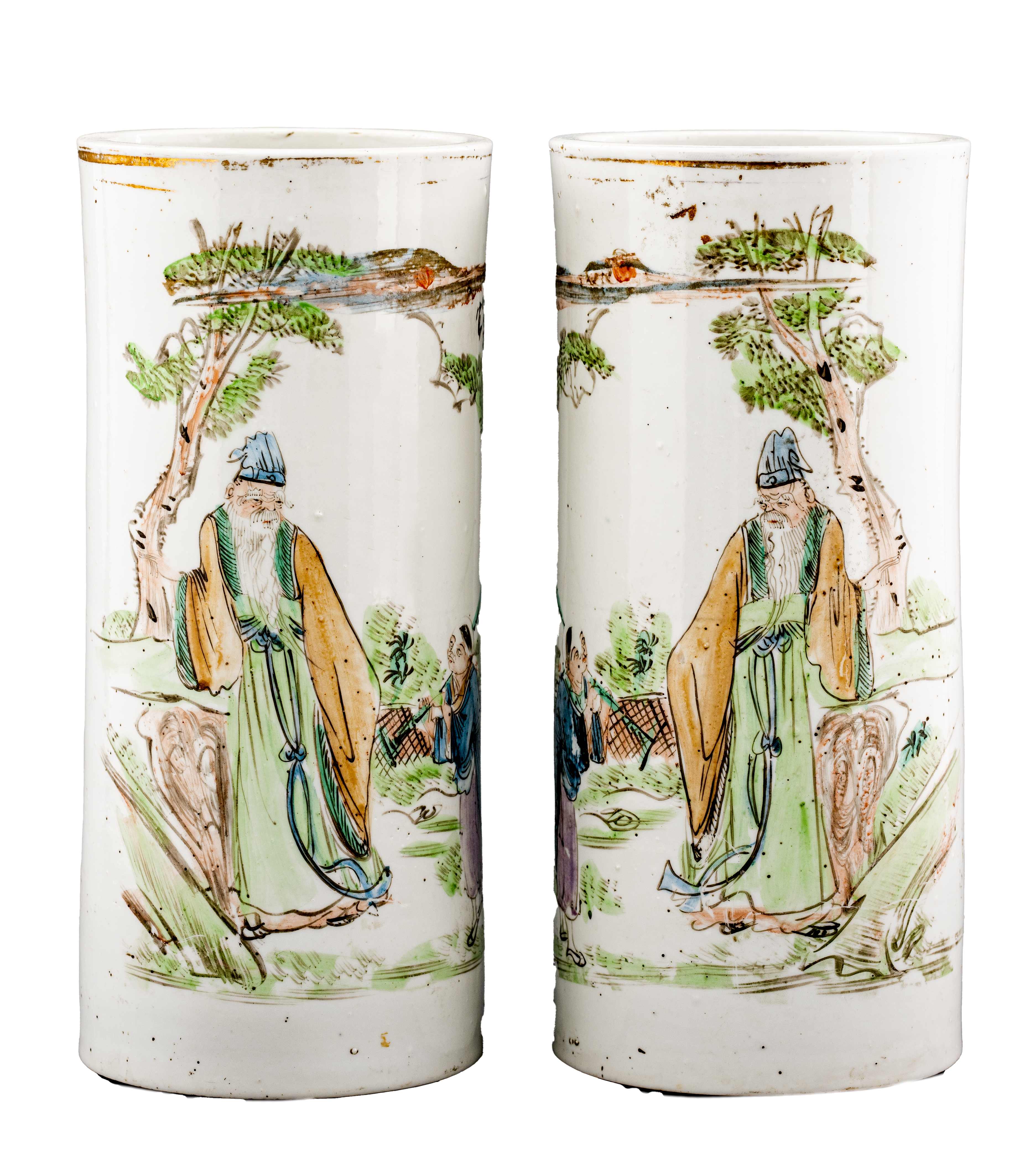 Appraisal: CHINESE PAINTED CERAMIC SLEEVE VASES PAIR Chinese pair of sleeve