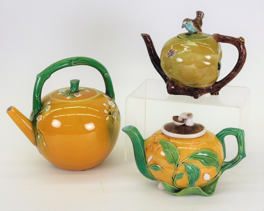 Appraisal: PC MINTON AND ENGLISH MAJOLICA TEAPOT GROUPING England Late th-Early