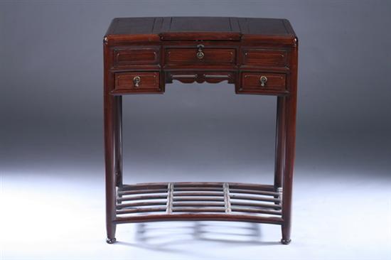 Appraisal: CHINESE ROSEWOOD THREE-DRAWER VANITY DESK WITH MIRROR INSIDE Open-work grid-form