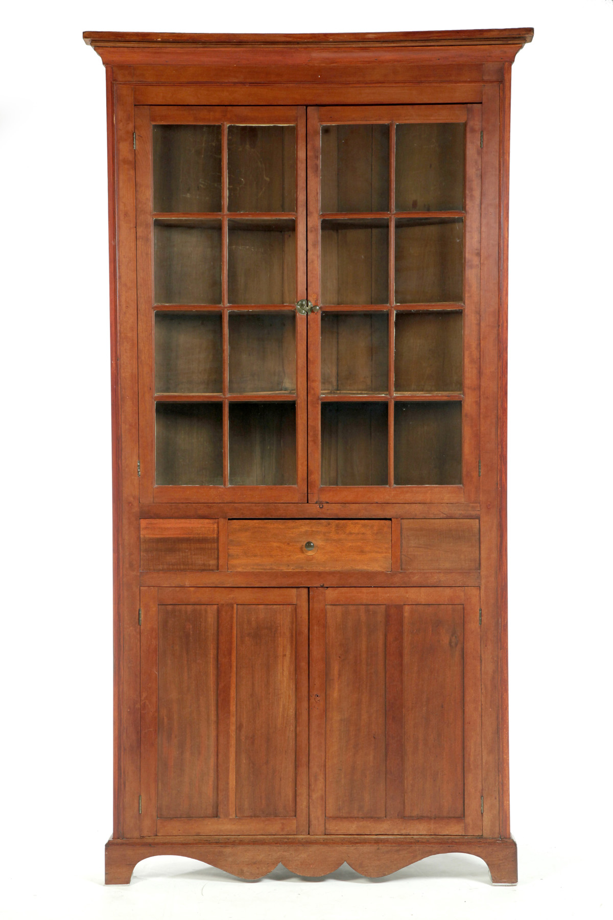 Appraisal: COUNTRY ONE-PIECE CORNER CUPBOARD American nd quarter- th century cherry