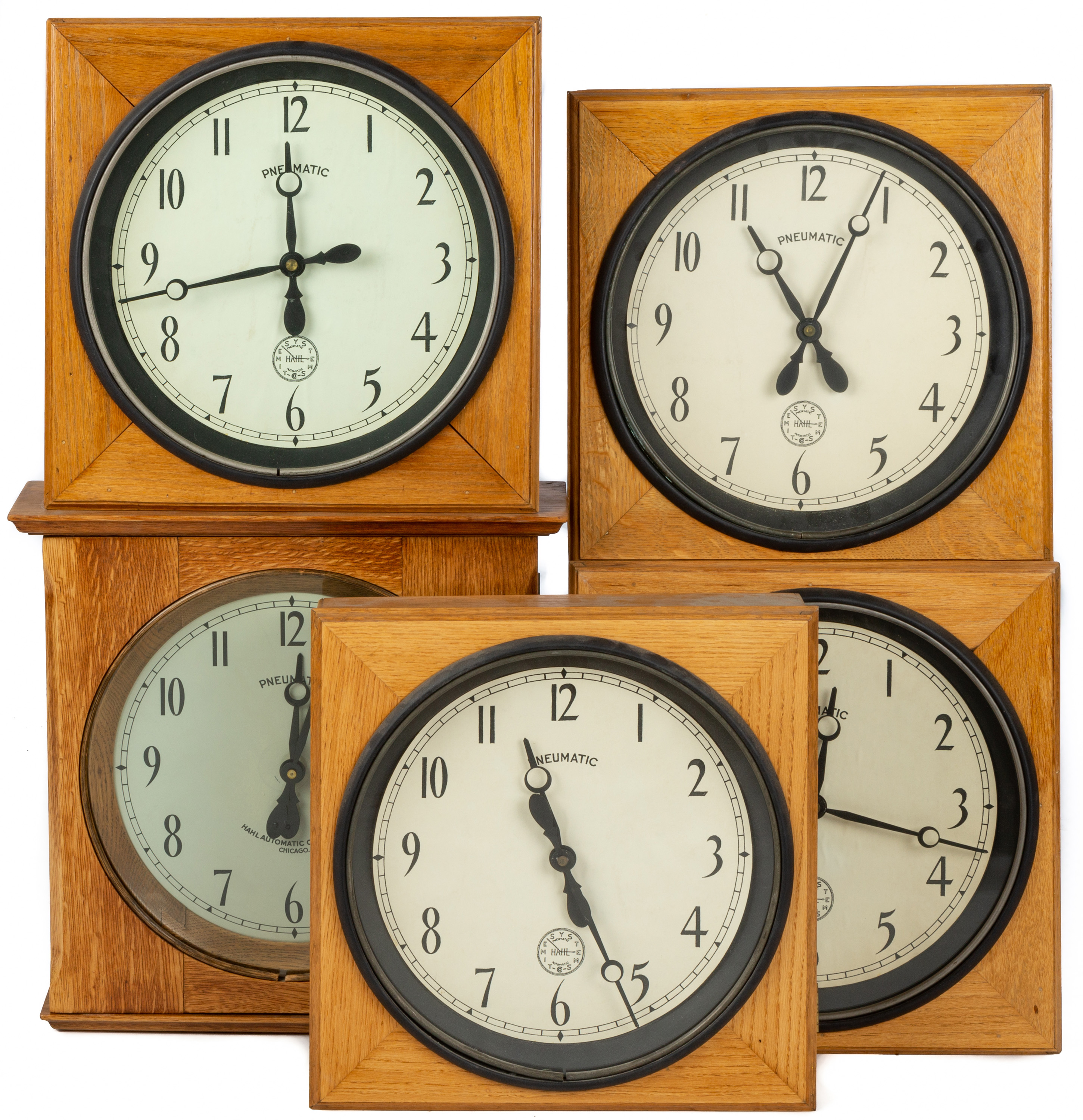 Appraisal: GROUP OF HAHL PNEUMATIC SLAVE CLOCKS Oak cases