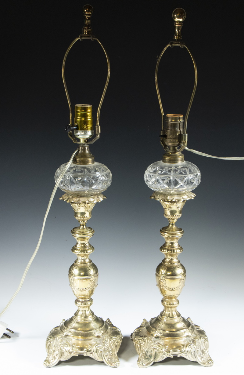 Appraisal: PR OF ELECTRIFIED ANTIQUE POLISH CANDLESTICKS Embossed silver-plated brass candlesticks