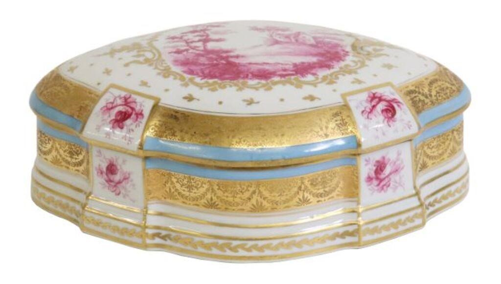 Appraisal: French Limoges porcelain bonbonniere table box late th c cartouche-shaped