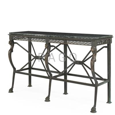 Appraisal: NEOCLASSICAL BRONZE CONSOLE Lion head and paw decoration marble top