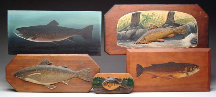 Appraisal: FIVE PAINTED FISH PLAQUES x raised panel having a painted