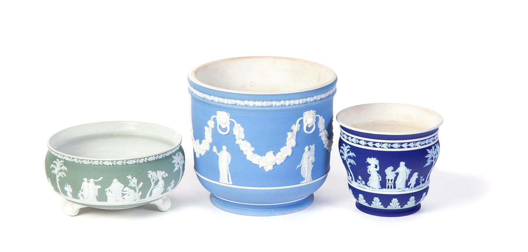 Appraisal: THREE WEDGWOOD DIP JASPERWARE PLANTERS Nineteenth and twentieth century Light