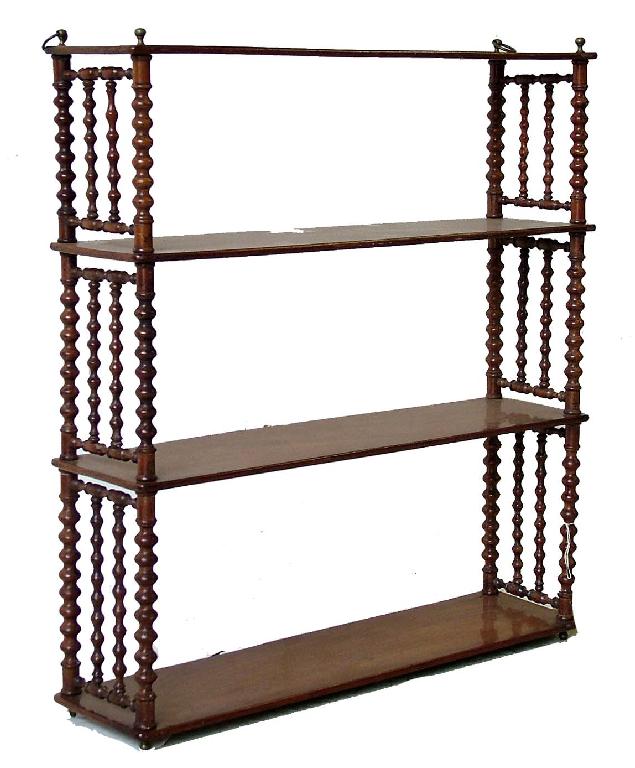 Appraisal: th century mahogany four tier hanging wall shelf with slender