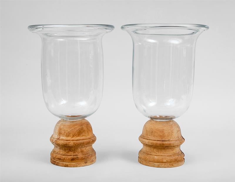 Appraisal: Pair of Modern Photophores With glass hurricane shades and wooden