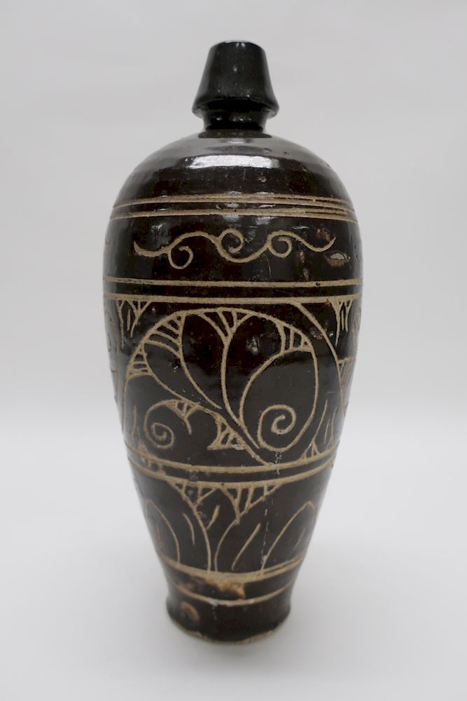 Appraisal: Rare Inscribed Cizhou Black Glazed Vase Heavy black glaze body