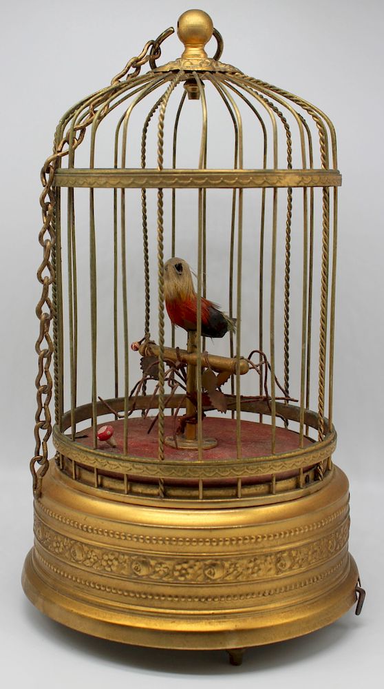 Appraisal: Vintage Automaton Bird in Cage Vintage automaton bird on stand