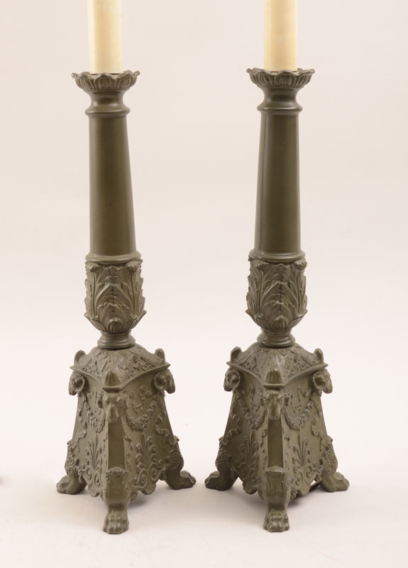 Appraisal: Pair of Renaissance Style Patinated Metal Column-Form Candlestick Lamps With