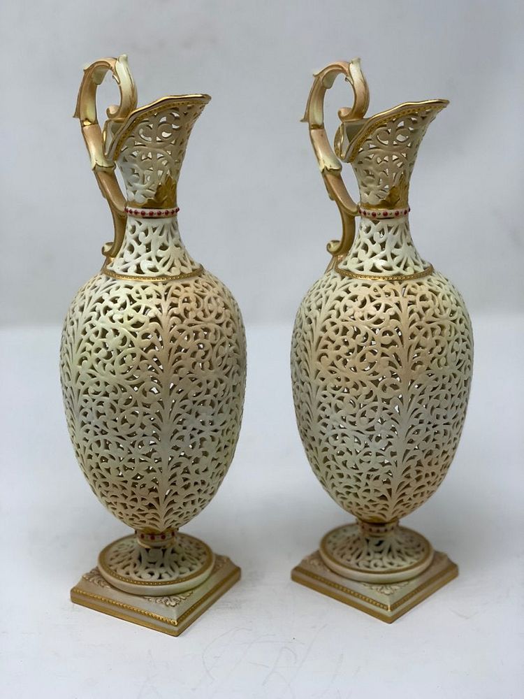 Appraisal: Pair Of Royal Worcester Reticulated Urns Pair Of Royal Worcester