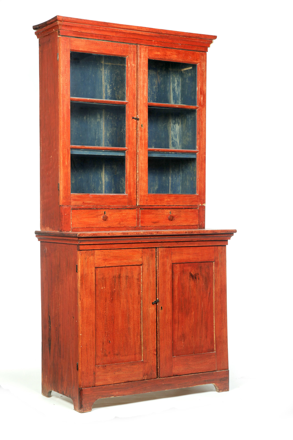 Appraisal: AMERICAN PAINTED STEPBACK CUPBOARD Mid th century pine Two-piece cupboard