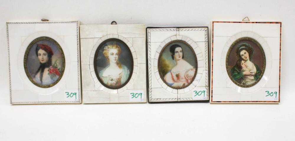 Appraisal: FOUR MINIATURE PORTRAITS OF WOMEN hand painting over print circa