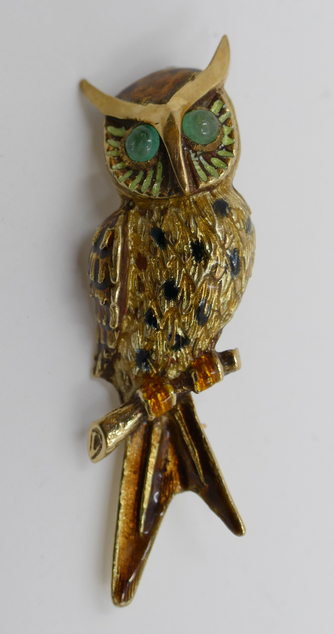 Appraisal: k Enameled Owl Brooch with Chrysoprase Eyes '' - Grams