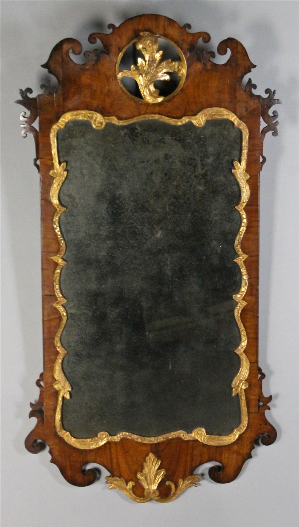 Appraisal: QUEEN ANNE WALNUT AND GILT SCROLL-CUT MIRROR WITH ACANTHUS LEAF