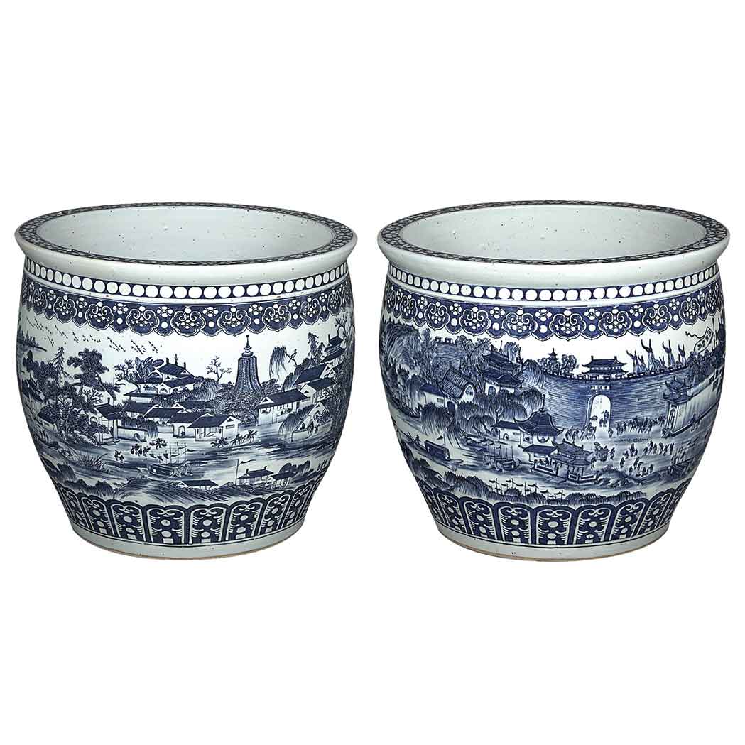 Appraisal: Pair of Chinese Blue and White Porcelain Fish Bowls Each