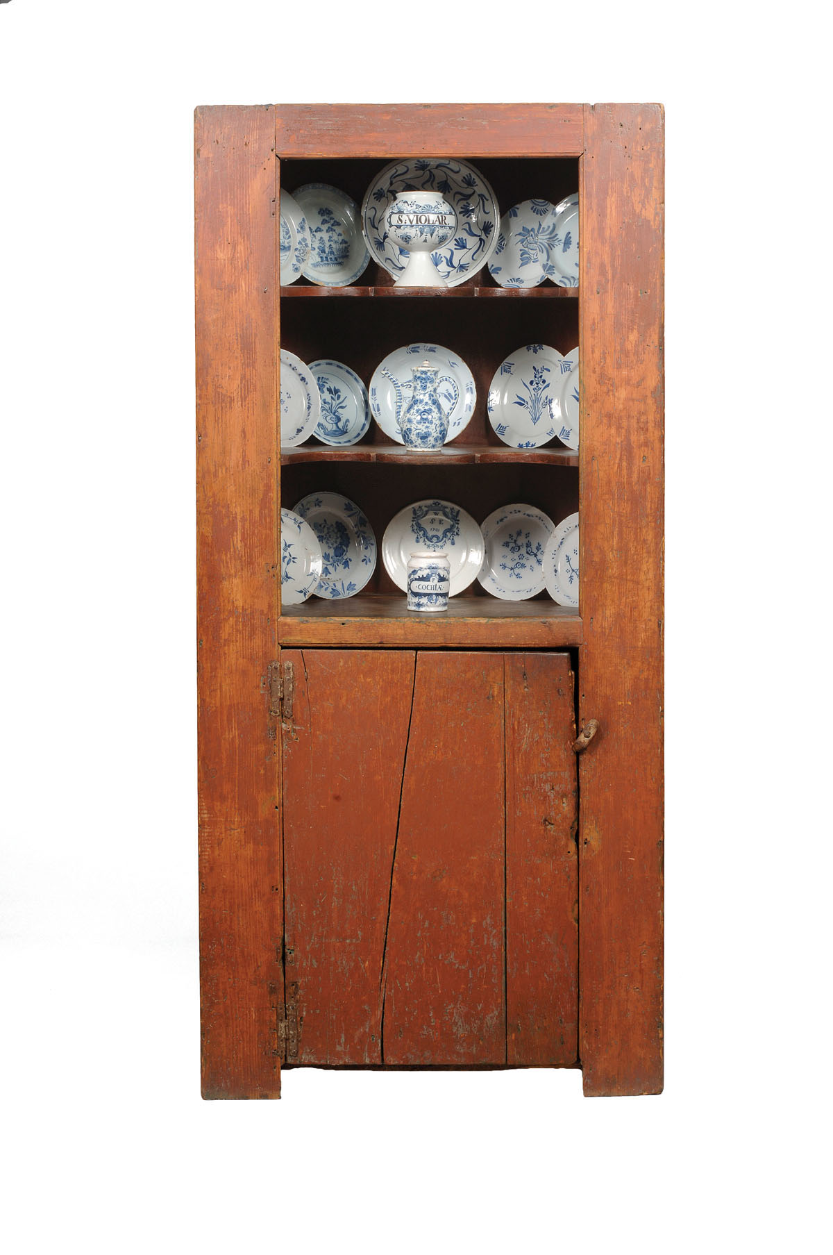 Appraisal: EARLY NEW ENGLAND RED PAINTED PINE CORNER CUPBOARD WITH SCALLOPED