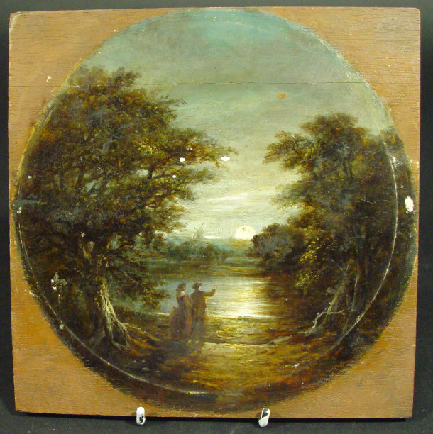 Appraisal: Two circular chocolate box paintings entitled 'Moonlight' and 'Farm Cottage'