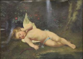 Appraisal: th C Oil on Canvas Sleeping Cherub Unsigned From a