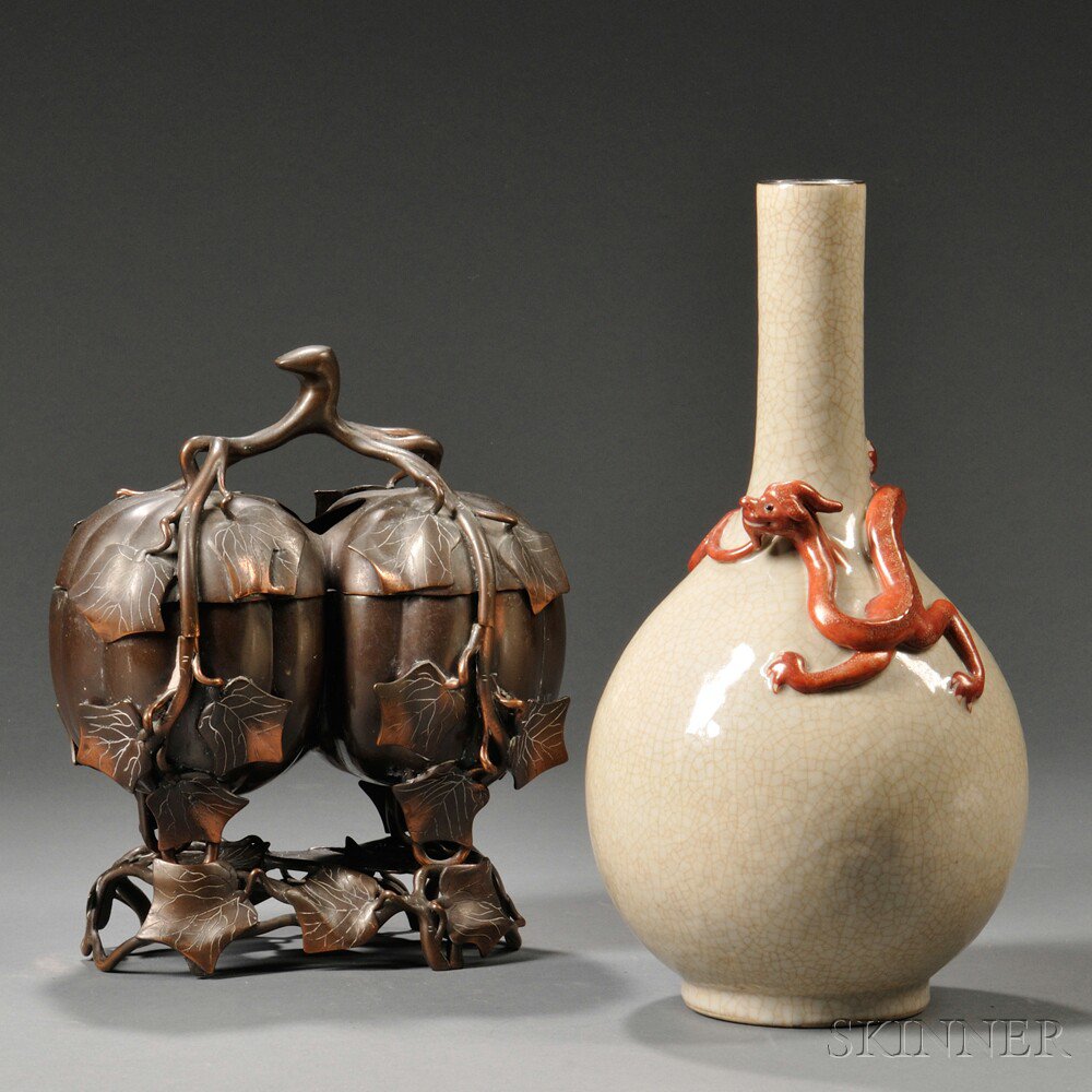 Appraisal: Two Vessels Asia a ge-ware-style bottle vase with a red