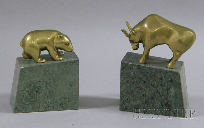 Appraisal: Bronze Bull and Bear both on green marble bases ht