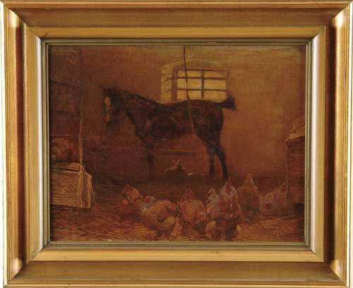 Appraisal: FERDINAND SCHEBEK Austrian - BARN SCENE WITH HORSE AND CHICKENS