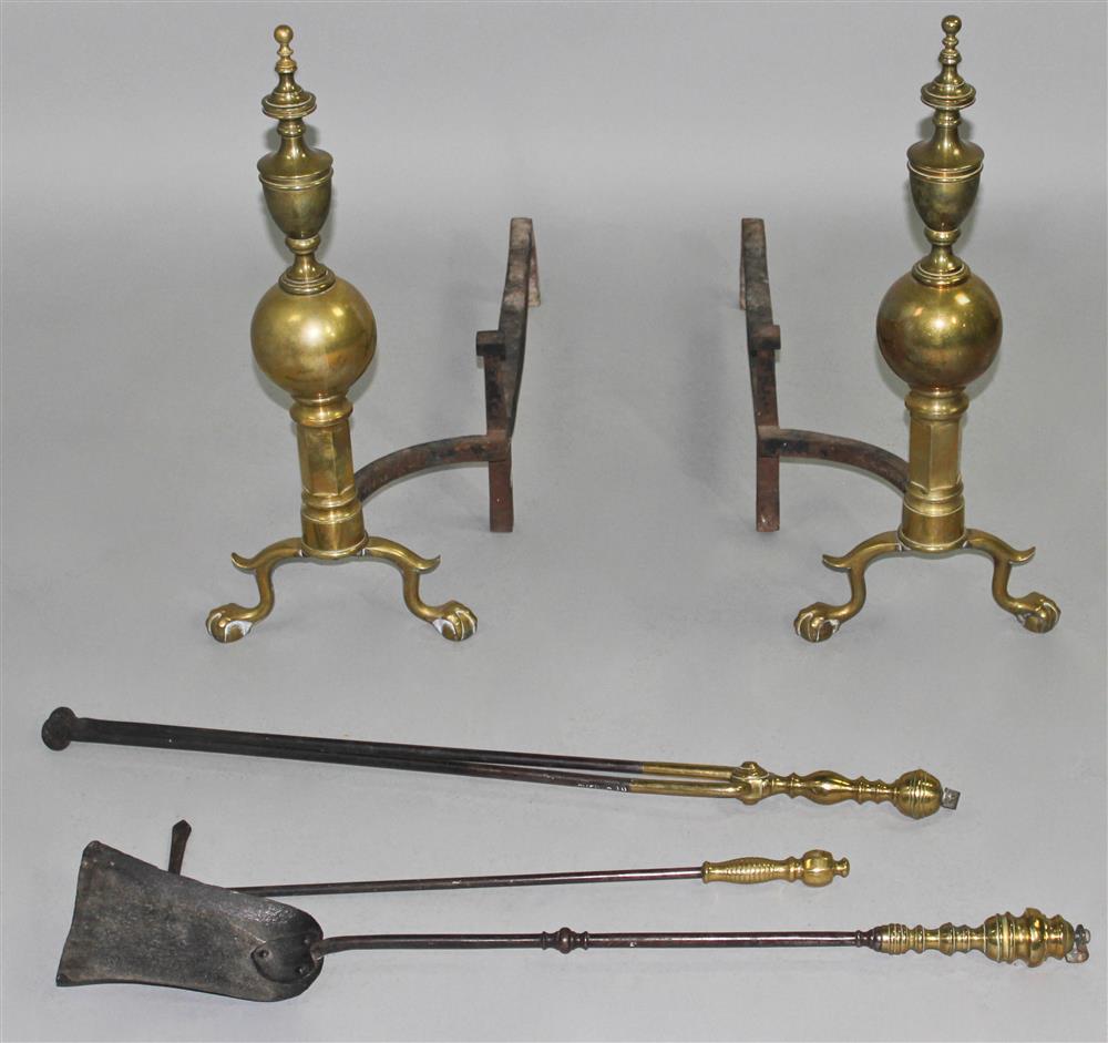 Appraisal: PAIR OF BRASS AND IRON ANDIRONS WITH FIRE TOOLS each