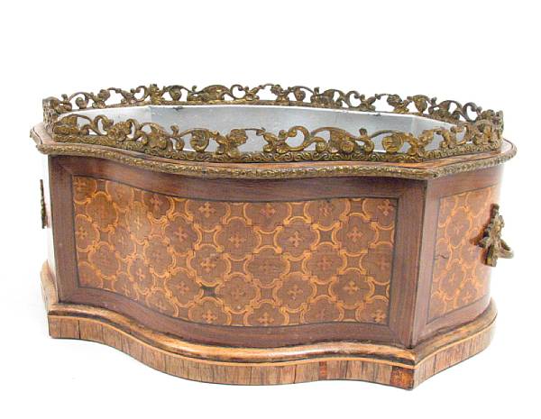 Appraisal: A French inlaid kingwood marquetry decorated jardiniere of serpentine outline